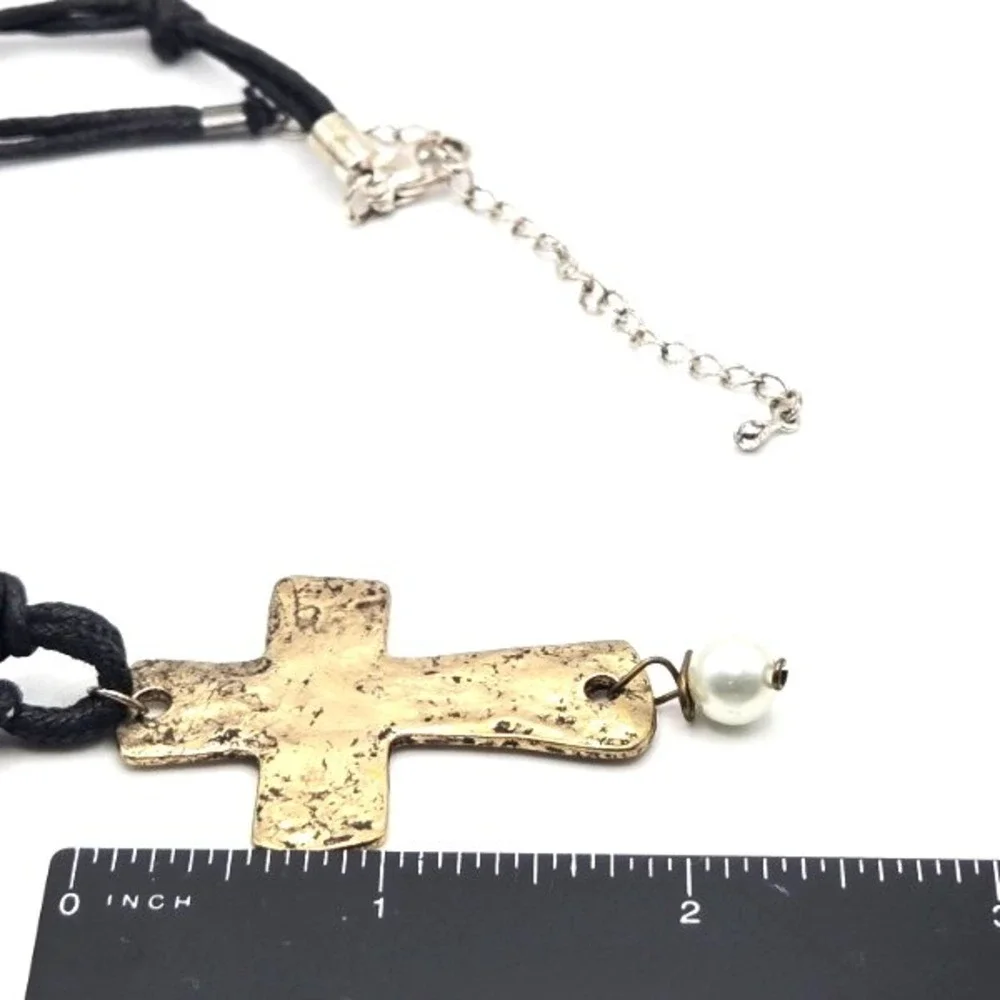 Handmade Hammered Cross Necklace w/ Freshwater Pearls on Cord 18